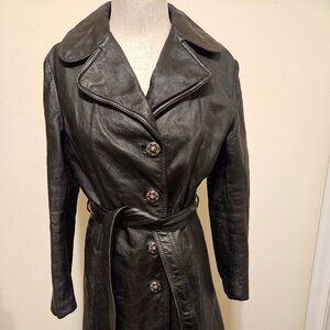 Vintage 70s Leather Trench Coat with Belt and wide collar
